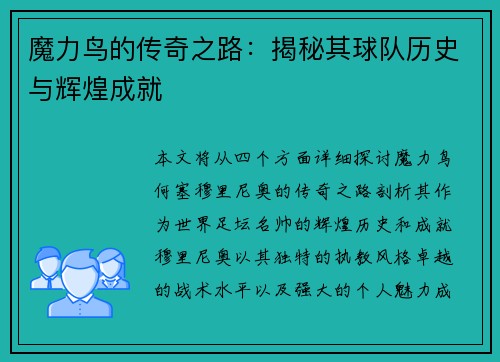 魔力鸟的传奇之路：揭秘其球队历史与辉煌成就
